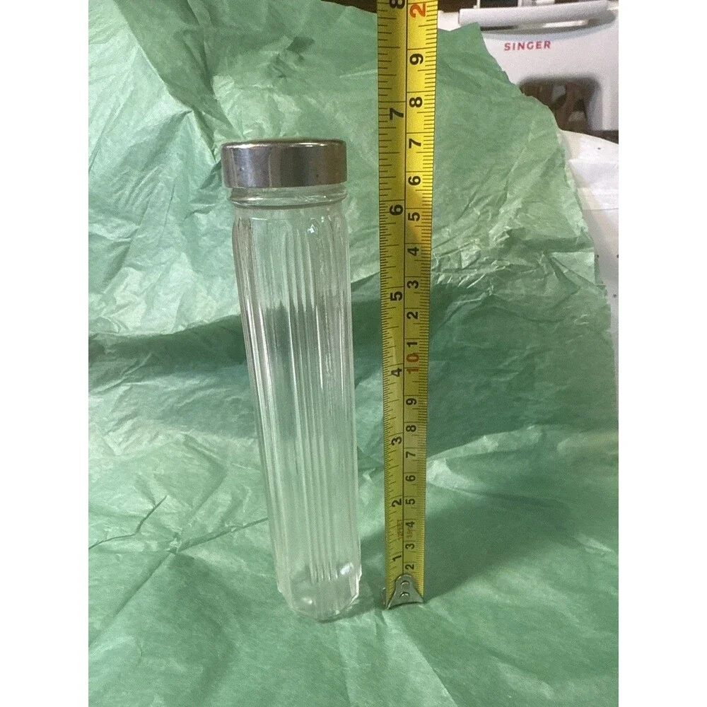 Vintage Ribbed Glass Cylindrical Vanity Jar with Metal Lid Toothbrush Hair Pins